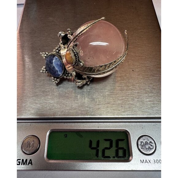 Vintage 925 Sterling Silver Rose Quartz Sodalite Amber Scarab Pendant Peru - Picture 8 of 9
